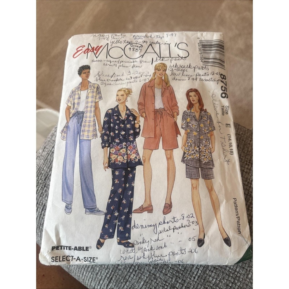 McCall's 8756 Oversized Camp Shirt, Drawstring Pants & Shorts Sz 14 16 18 Cut